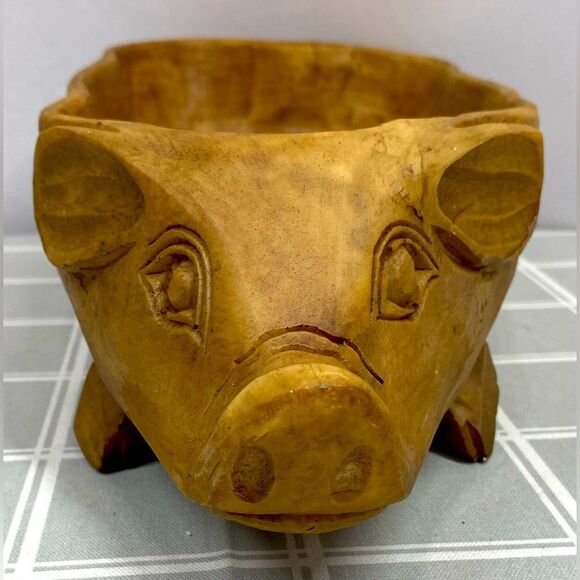 Pig Bowl Resin that Looks Like Wooden Hand Carved Unique Farmhouse Decor Vessel - Picture 2 of 9